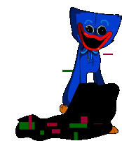 a blue cartoon character is sitting on top of a black bag .