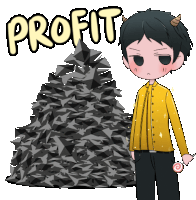 a boy with horns is holding a lollipop in front of a pile of rocks with the word profit written above him