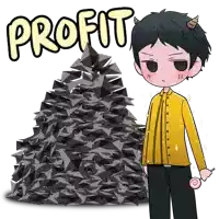 a boy with horns is holding a lollipop in front of a pile of rocks with the word profit written above him