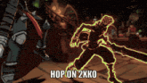 a cartoon of a man with a sword and the words hop on 2xko