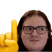 a man wearing glasses is pointing up with a yellow emoji hand