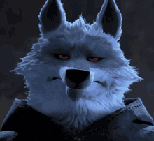 a close up of a furry wolf with red eyes