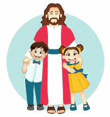 jesus is standing with two children , a boy and a girl , in a circle .