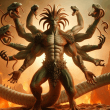 a painting of a monster with many arms and snakes around him