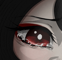 a close up of a woman 's red eye with tears coming out of it