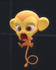 a cartoon monkey with a surprised look on its face is hanging from a rope .