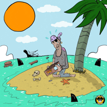 a cartoon of a pirate sitting on a small island with sharks