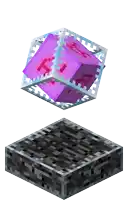 a purple cube with the letter h on it is floating above a black block