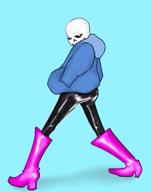 a drawing of a skeleton in a blue jacket and pink boots