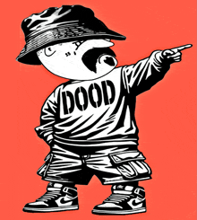 a black and white drawing of a person wearing a shirt that says doood