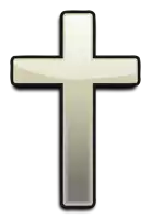 a white cross with a black outline and a shadow on a white background