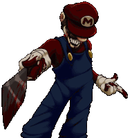 a drawing of mario holding a bloody knife with the letter m on his hat