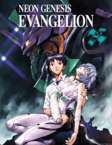 a poster for neon genesis evangelion shows a man and a woman sitting next to each other .