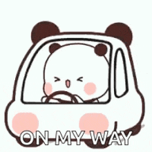 a panda bear is driving a car with the words `` on my way '' .