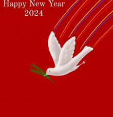 a white dove with a green branch in its beak is flying on a red background that says happy new year 2024