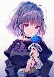 a girl with purple hair and red eyes is holding a blue flower .