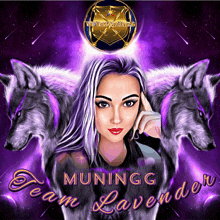 a woman with purple hair is surrounded by three wolves and the words muningg team lavender