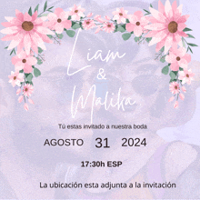 a wedding invitation for liam and malika in agosto