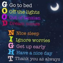 a poster that says go to bed off the lights out of tension dream comes nice sleep ignore worries get up early have a nice day