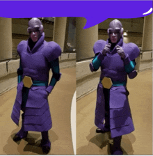 two pictures of a man in a purple armor costume with a purple speech bubble above him