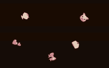 a fish a pig and a bow are floating on a black background