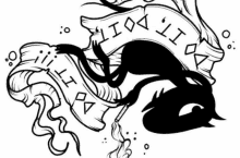 a black and white drawing of a snake with a banner that says ioa ii on it