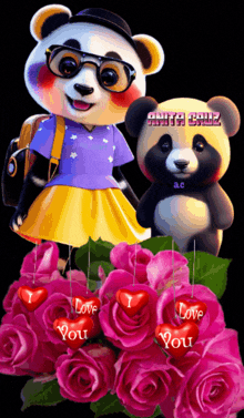 a panda bear with glasses is standing next to a panda bear with a backpack