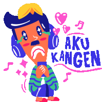 a cartoon of a man wearing headphones and crying with aku kangen written on the bottom