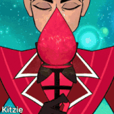 a cartoon drawing of a man holding a red object with the name kitzie on the bottom right