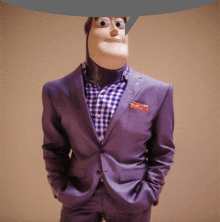 a toy story character wearing a purple suit