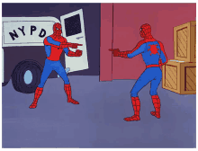 a cartoon of spider-man pointing at another spider-man in front of a nypd van