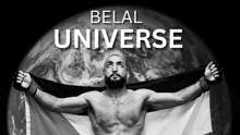 a black and white photo of a man holding a flag with the words belal universe written above him