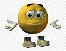 a cartoon smiley face has a pair of shoes on his legs