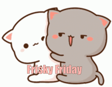 a cartoon of two cats hugging each other with the words frisky friday written on the bottom