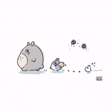 a drawing of a totoro , a rabbit and a squirrel walking in a line .