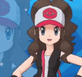 a cartoon girl wearing a red and white hat and a black vest .