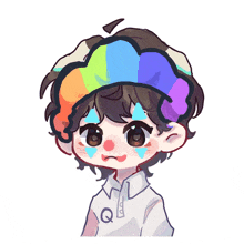 a drawing of a clown wearing a rainbow hat with the letter q on his shirt