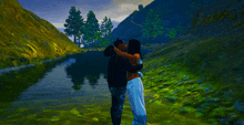 a man and a woman kissing in front of a body of water