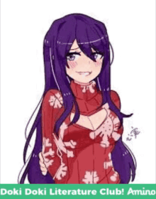 a girl with long purple hair is wearing a red sweater and smiling .