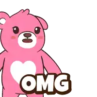 a pink teddy bear with the word omg written on it
