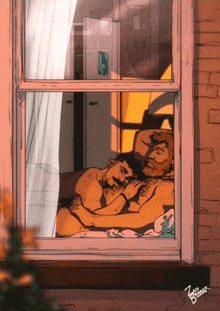 a drawing of two men hugging in a window with the letters zack written on the bottom