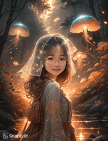 a painting of a girl with a veil on her head and jellyfish in the background