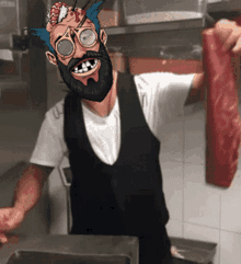 a cartoon of a man with a beard holding a piece of meat