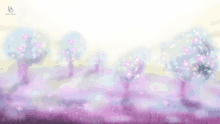 a painting of trees with pink flowers on a purple field