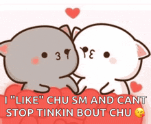 a cartoon of two cats kissing with the words " i like chu sm and can t stop tinkin bout chu "