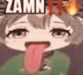 a close up of a cartoon girl sticking her tongue out with the word zamn in the background
