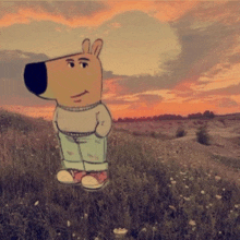 a cartoon character is standing in a field of tall grass