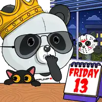 a panda bear wearing sunglasses and a crown is looking out a window at a friday 13 sign