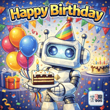 a robot wearing a party hat is holding a piece of cake and balloons