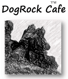 a black and white drawing of a dog with the words dogrock cafe above it